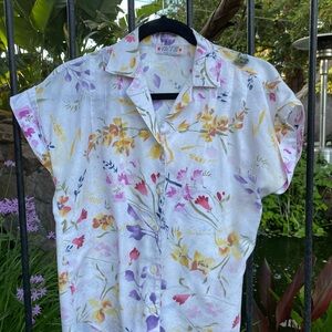 Cicely Floral Button-Down Shirt - White with Yellow & Purple Floral
